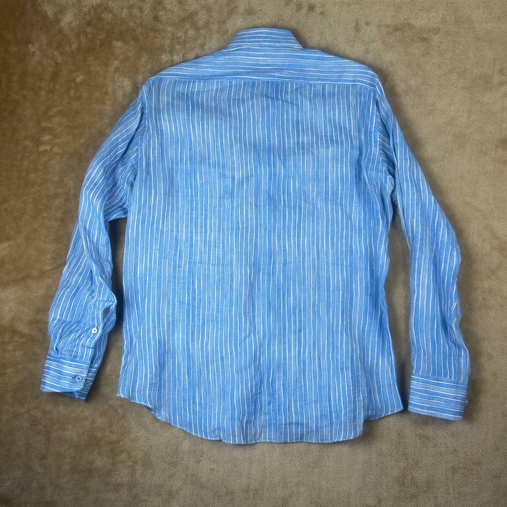 Ateseta Mens 100% Linen Striped Button Down Shirt Blue White Size 16 41 Italy - Picture 5 of 6